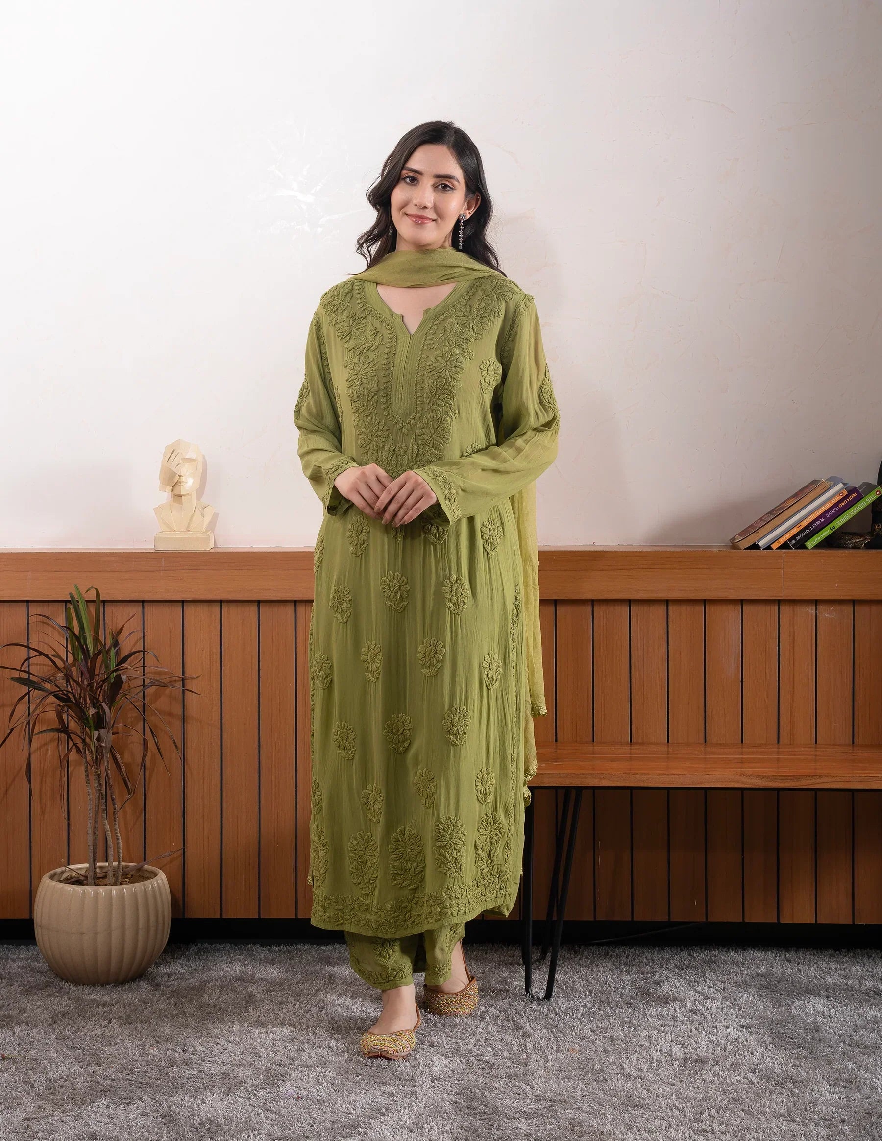 Viscose Georgette Straight Kurta Set With 3D Work (Olive Green )