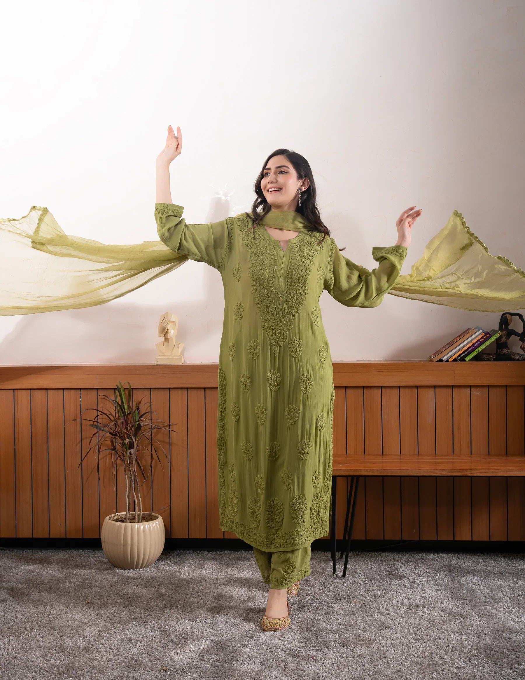 Viscose Georgette Straight Kurta Set With 3D Work (Olive Green )