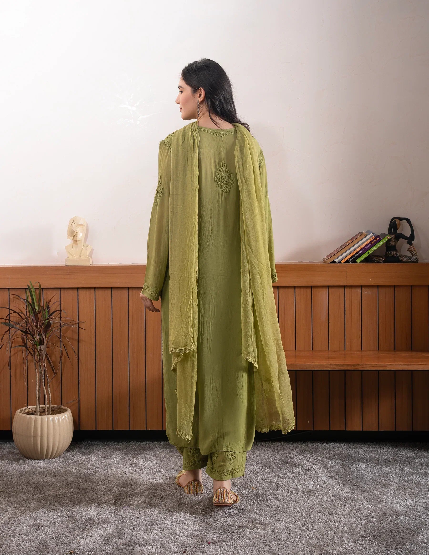 Viscose Georgette Straight Kurta Set With 3D Work (Olive Green )